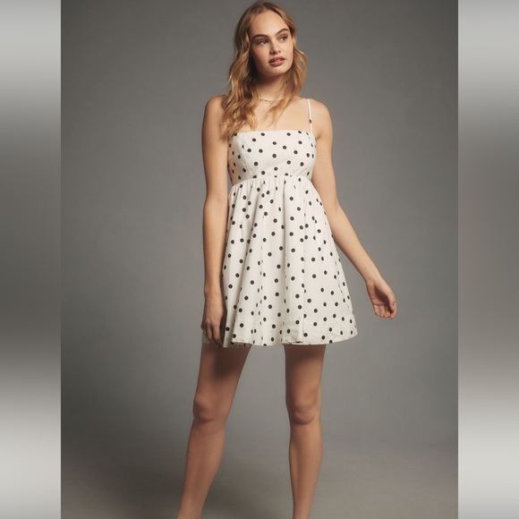 maeve square neck babydoll mini dress Maeve Anthropologie Square-Neck Babydoll Mini Dress cream black polka dot  Medium